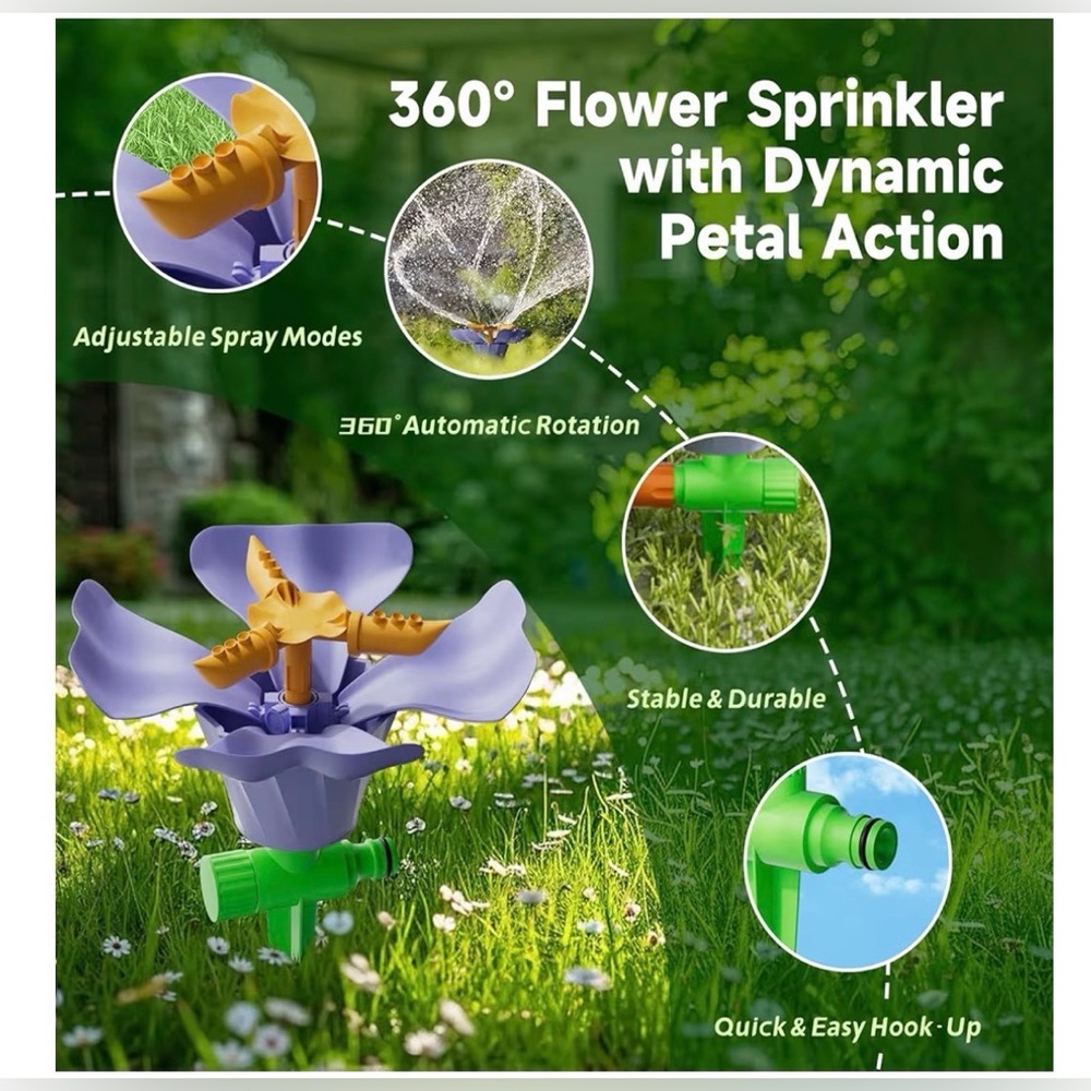 Rotating Flower Garden Sprinkler for Yard Multiple Spray Modes Easy Hose Hook - Picture 2 of 16